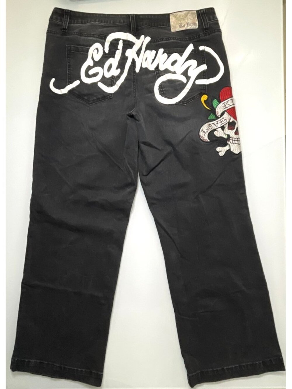 Ed Hardy Love Kills Slowly Black Wide Leg Baggy Embroidered Jeans Y2K Style38x31